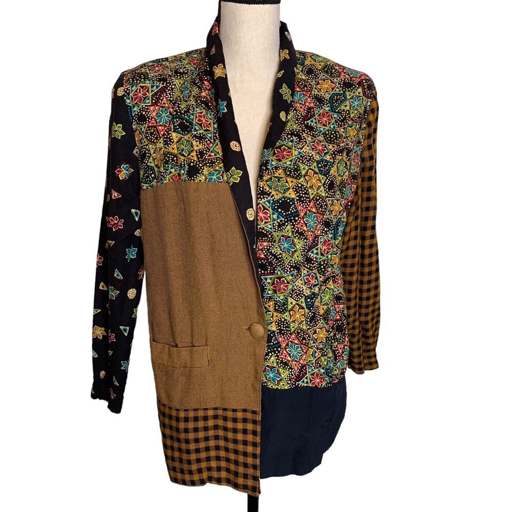 ML‎ Sport Blazer Womens MP Medium Color Block Brown Vintage USA 1 Button Pockets